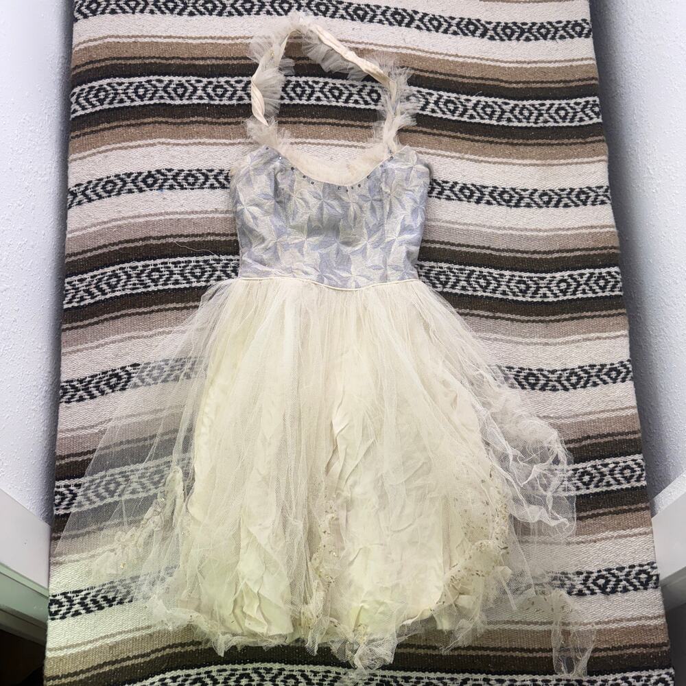 Women's Vintage 1950's Formal Party Brocade Halter Gown White Blue Dress Sz XS